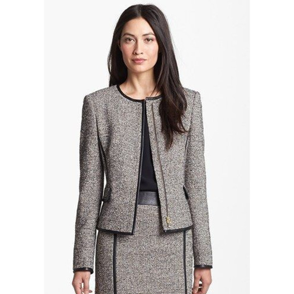 BOSS HUGO BOSS Jasila Jacket Blazer Tweed Zip Front Flap Pockets Lined Wool 12 L - Picture 1 of 7